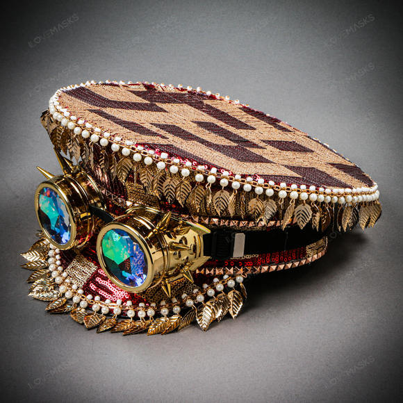 Steampunk Burning Man Party Captain Hat w/ Kaleidoscope 3D Goggles Red Gold - Picture 1 of 11